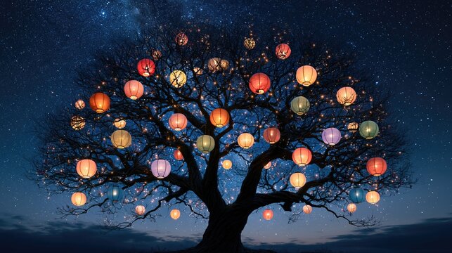 Growth concept with glowing colorful lanterns on a large tree silhouette under a starry night sky