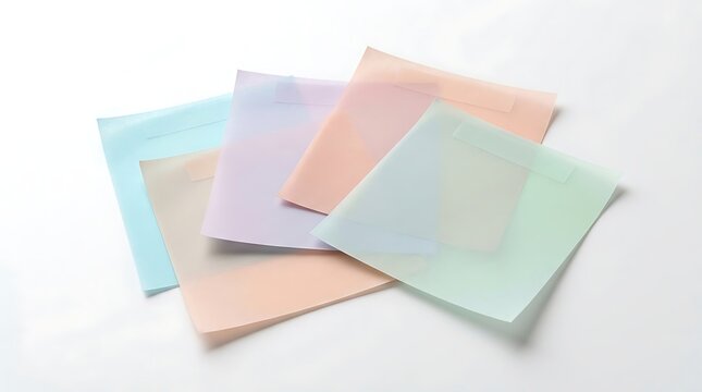 A collection of colorful translucent plastic sheets or transparent sticky notes arranged on a white background.