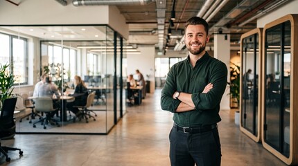 Fototapeta premium Confident businessman standing with arms crossed in modern office setting