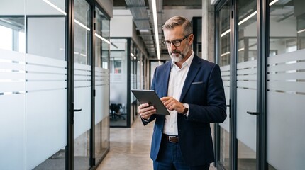 Fototapeta premium Businessman Using Digital Tablet in Modern Office Corridor