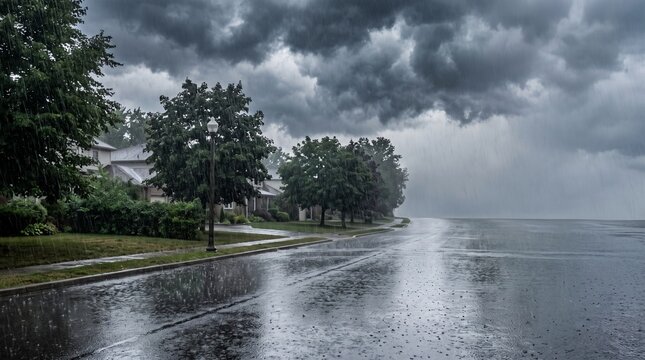 Heavy rain pouring on suburban street with dark storm clouds in dramatic weather