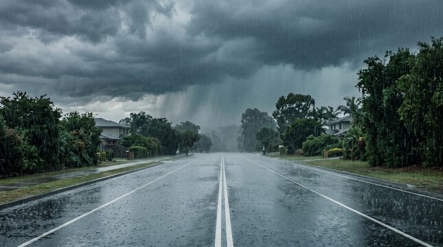 Heavy rain pouring over empty suburban asphalt road during dark dramatic storm