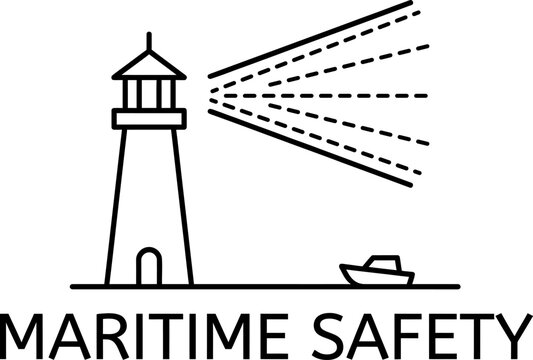 Vector illustration of lighthouse with beam and ship, maritime safety concept, simple line art, flat design