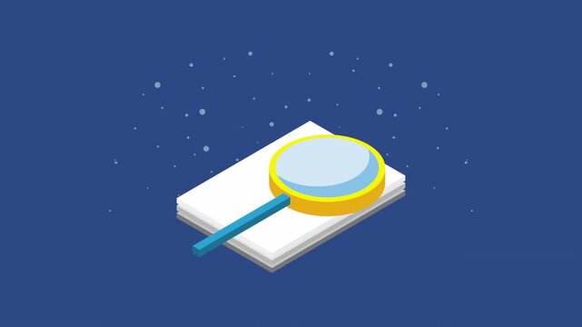Animated isometric paper documents and magnifying glass searching for information on blue background.