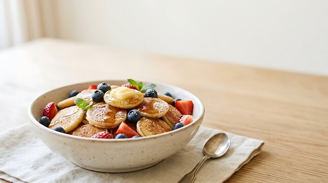 A bowl of mini pancakes topped with fresh blueberries, strawberries, and maple syrup.