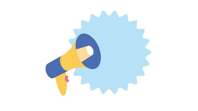 Animated megaphone icon illustration marketing promotion public relations sound notification media communication.