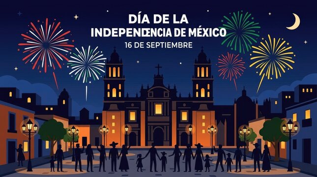 Dia de la Independencia de Mexico 16 de Septiembre night celebration banner with fireworks and city crowd