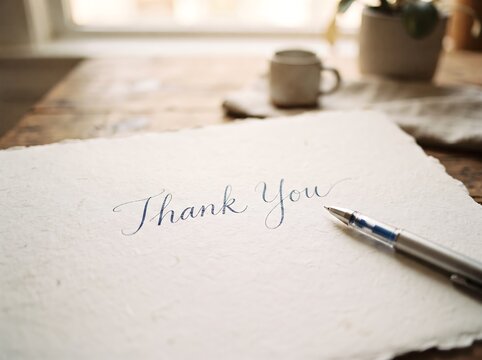 Handwritten thank you note with coffee and workspace background for appreciation