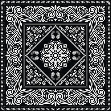 Black and white bandana pattern featuring traditional paisley, decorative floral motifs, and geometric borders