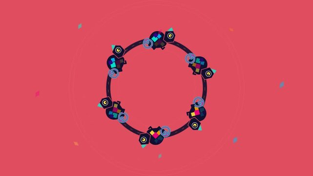 Abstract circular ring animation with colorful geometric badges and cat shapes, playful rotating frame motion graphic on red background