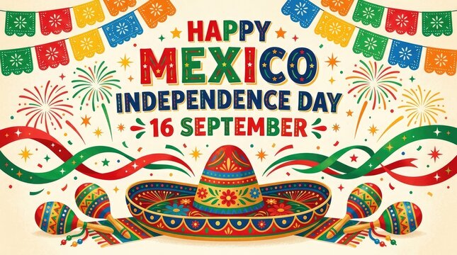 Happy Mexico Independence Day 16 September banner with colorful pennant garlands maracas and guitar