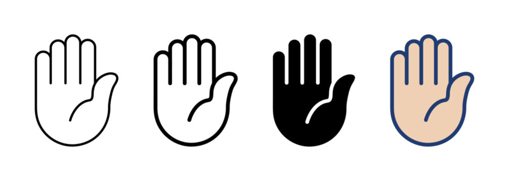 Raised hand icon. Open palm gesture representing stop sign. Transparent vector and png