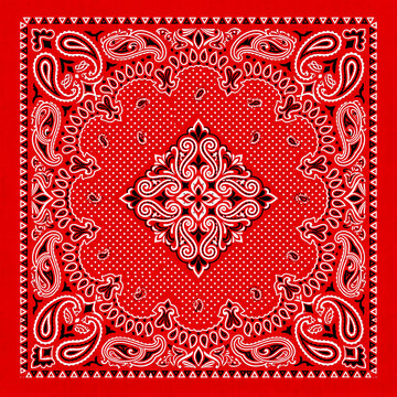 Red bandana pattern featuring curved flourishes, fine dot textures, and geometric borders