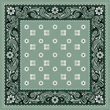 Sage green fabric pattern featuring repeating white floral accents and an elegant checkerboard lattice