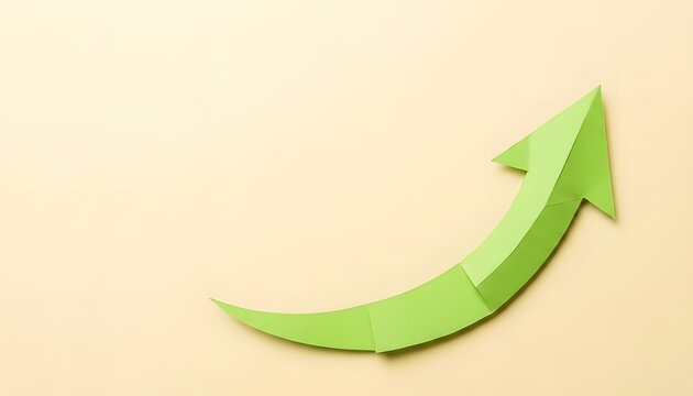 Bright green upward trending arrow symbolizing growth and success on light background
