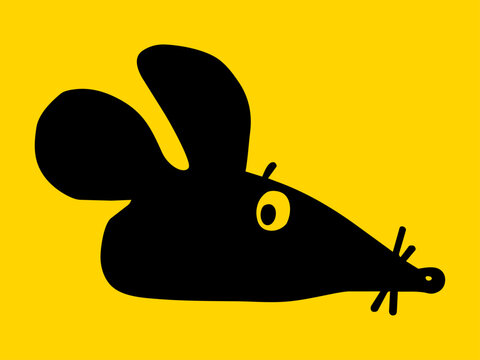 A bold, minimalist graphic illustration of a black mouse head silhouette in profile against a bright yellow background, featuring one yellow eye and whiskers.