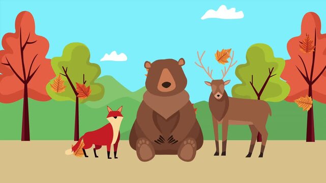 Autumn forest landscape animation with cartoon bear deer and fox sitting among falling leaves in woodland scene.