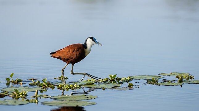 African Jacana Bird Walking on Floating Lily Pads in a Calm Lake Environment