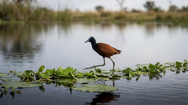 A brown water bird gracefully balancing on green lily pads in a serene pond during the golden hour