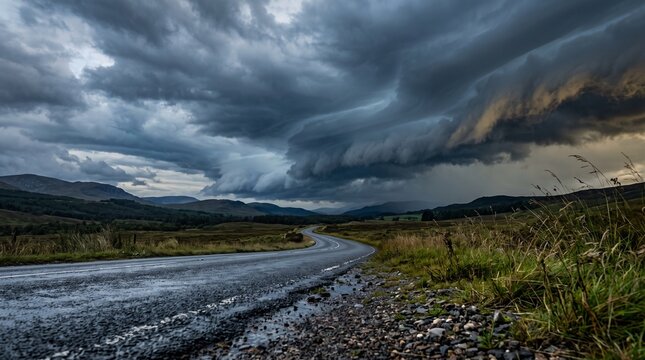 Storm clouds over winding asphalt road in dramatic mountain highway landscape