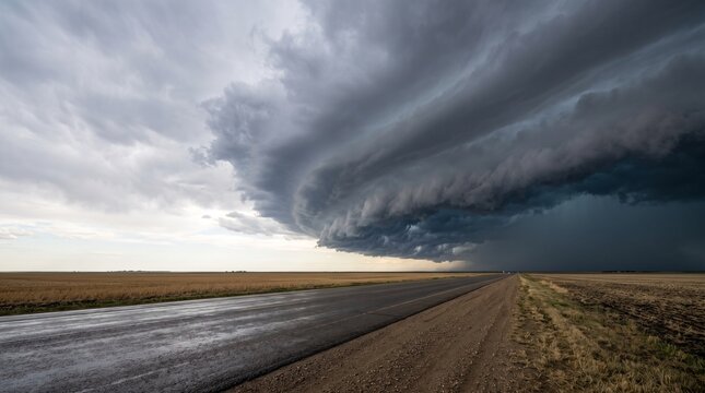 Supercell thunderstorm shelf cloud over rural highway across flat prairie landscape