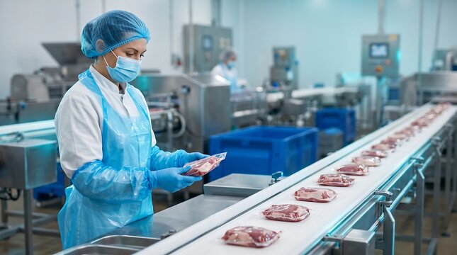 Quality control worker wearing mask and protective gear inspecting vacuum sealed meat products on production line in clean industrial food processing facility