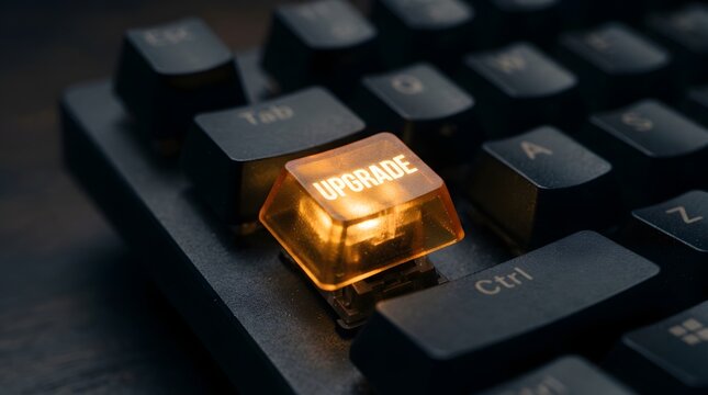 Glowing Upgrade Button on Computer Keyboard Representing Software Update