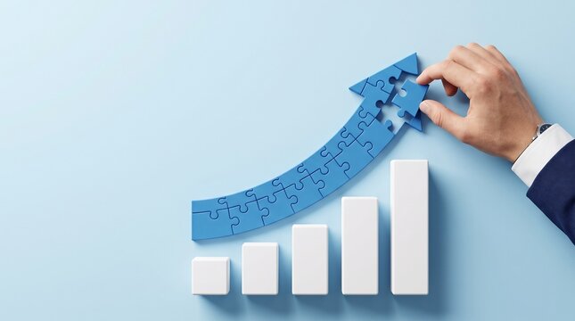 Business growth puzzle arrow with rising chart representing strategic expansion, performance improvement and scalable success