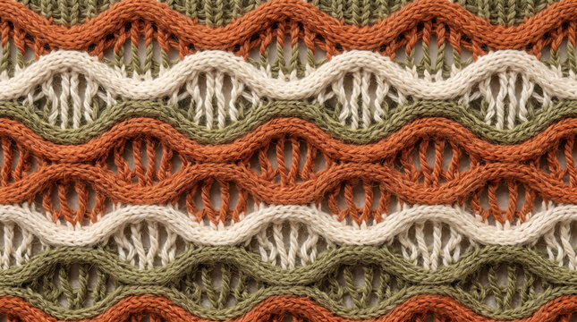 Knitted textile in wavy pattern with three colors in natural light