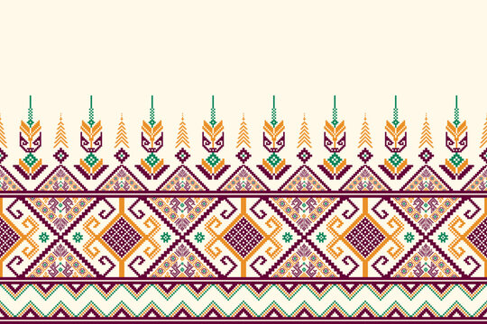 Geometric ethnic pattern with tribal floral motifs in deep purple, burgundy, yellow, and green. Design for sarong, fabric, and wallpaper. Vector illustration pixel art style.