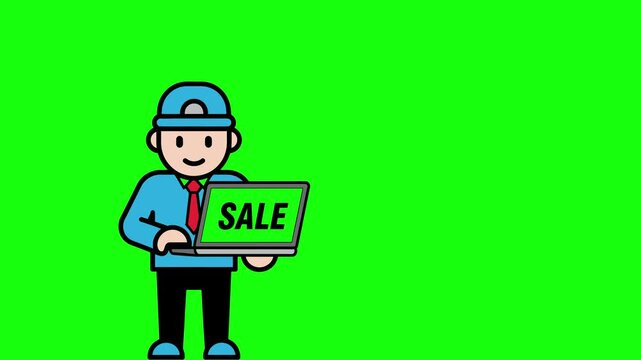 Cartoon Businessman Holding Laptop showing Sale on Green Screen