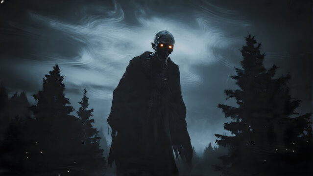 Mysterious dark hooded creature with glowing eyes standing ominous under a dramatic cloudy night sky in a surreal fantasy landscape.