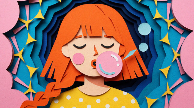 Stylized orange haired girl blowing a large pink bubble gum sphere created with detailed layered paper craft textures in bright vivid colors and artistic depth