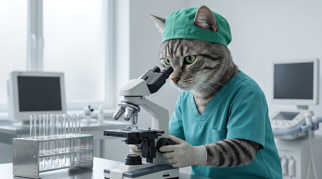 Anthropomorphic fox lab technician using microscope in laboratory. Fictional fox character in scrubs examining samples in medical lab. Science research concept. Banner with copy space.