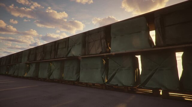 Logistics Industrial storage area, stacked cargo pallets with sunset lens flare background. 3d animation.