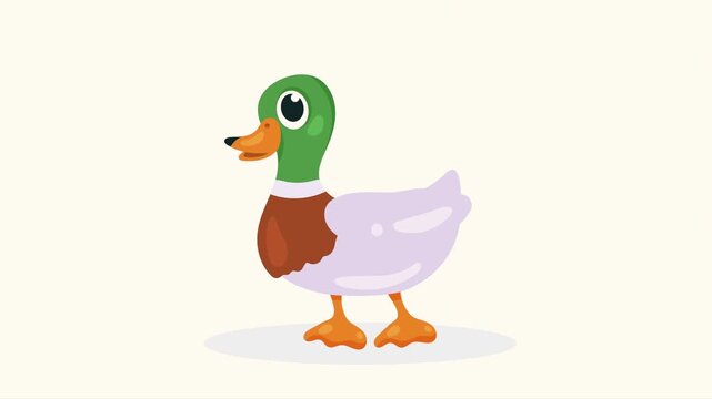 Cute cartoon mallard duck walking and quacking with happy expression on light background.