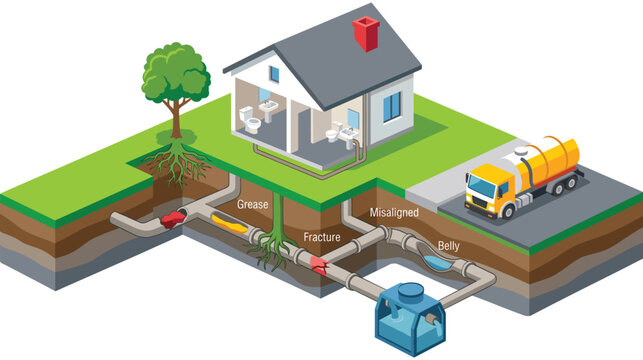 Isometric house sewer system diagram with pipe damage issues for maintenance repair plan.