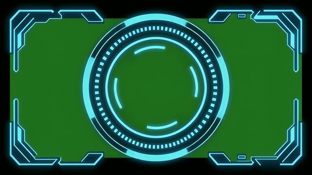 Futuristic HUD elements with glowing blue circles on a green background.