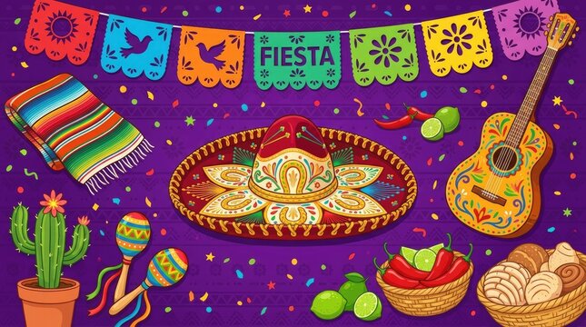 Viva Mexico fiesta banner with sombrero guitar maracas cactus and colorful papel picado