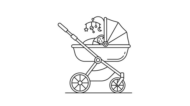 Baby stroller line art icon with sleeping infant and hanging mobile toy