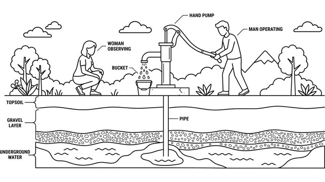 Man operating hand pump drawing water from deep gravel layer into bucket outdoors scene.