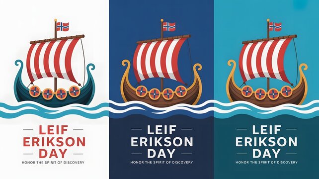 Leif Erikson Day holiday greeting featuring Viking longships, Nordic symbols, Scandinavian heritage, exploration, discovery, maritime history, historical celebration, and traditional design