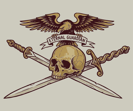 Hand drawn vintage illustration of a skull with crossed swords and a majestic eagle emblem