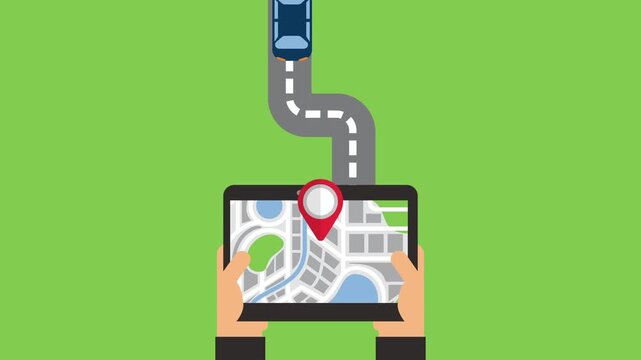 Flat design animation showing gps navigation on tablet with car driving on road and location pin.