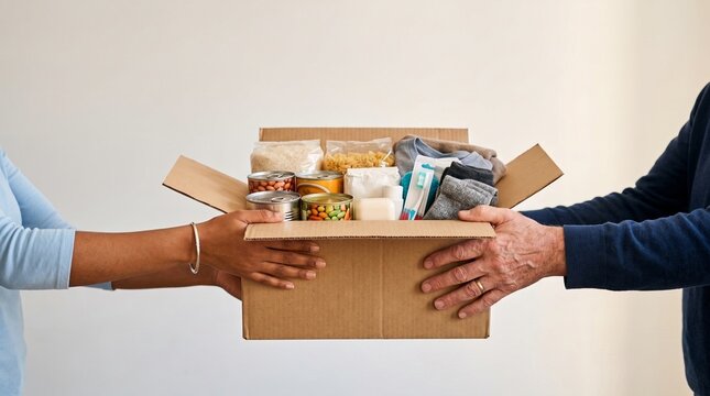 Hands passing a cardboard donation box filled with food for charity and community support.