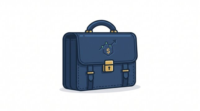 Blue leather briefcase illustration with dollar sign logo. Business bag vector design. Professional finance icon and corporate portfolio graphic.