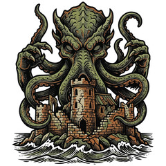 Obraz premium Monstrous Kraken Attacks Ancient Ruins on a Stormy Sea with Crashing Waves and Tentacles