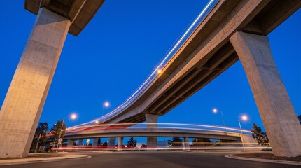 Fototapeta premium Modern concrete highway overpass with light trails at night low angle view
