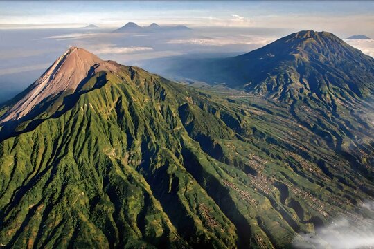 Aerial View Of Mount Merapi And Mount Merbabu Volcanoes In Central Java Indonesia

