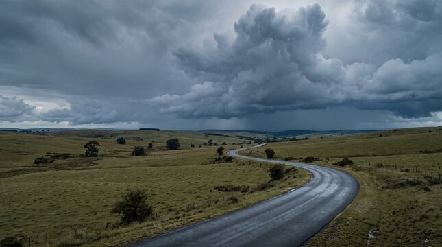 Winding asphalt country road through rolling hills under dramatic storm clouds